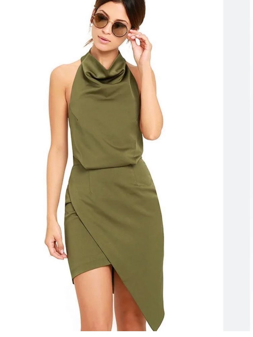 Elliatt Olive Asymmetric Satin Halter Dress